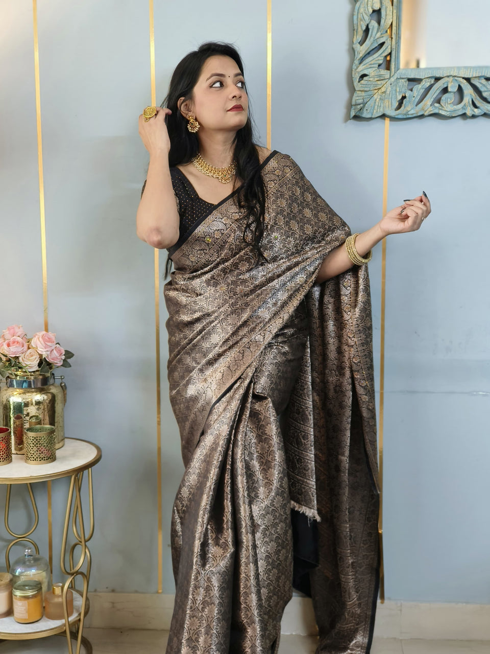 Black Banarasi Soft Silk Saree with Siroski Stone Work Embriodered Blouse & Saree