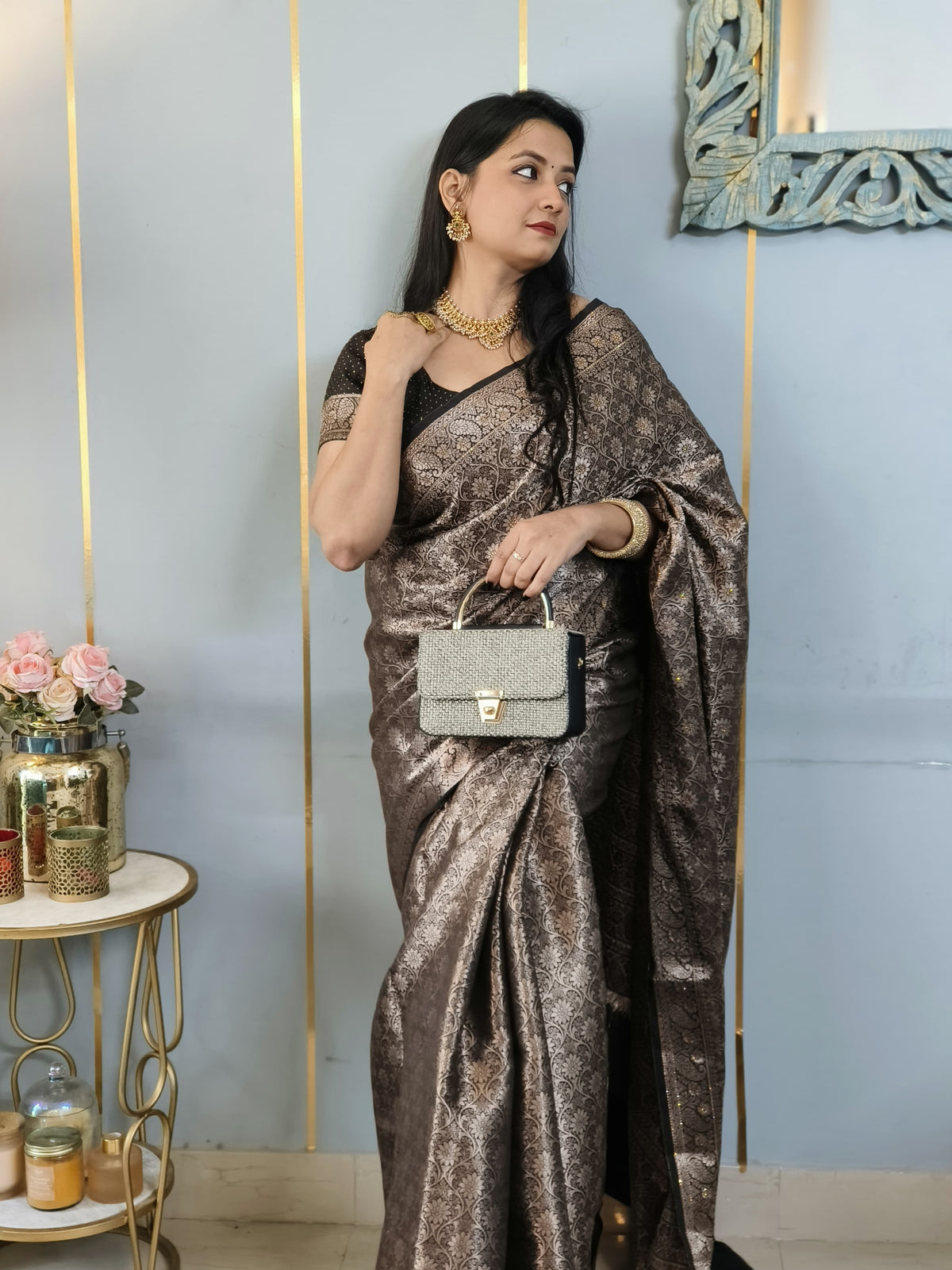 Black Banarasi Soft Silk Saree with Siroski Stone Work Embriodered Blouse & Saree