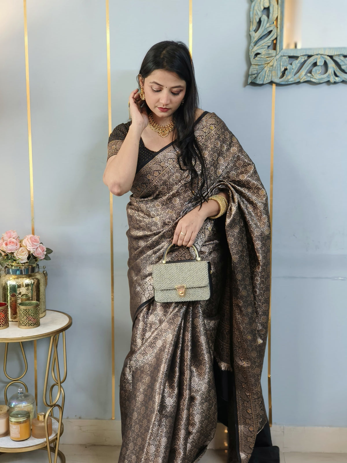 Black Banarasi Soft Silk Saree with Siroski Stone Work Embriodered Blouse & Saree