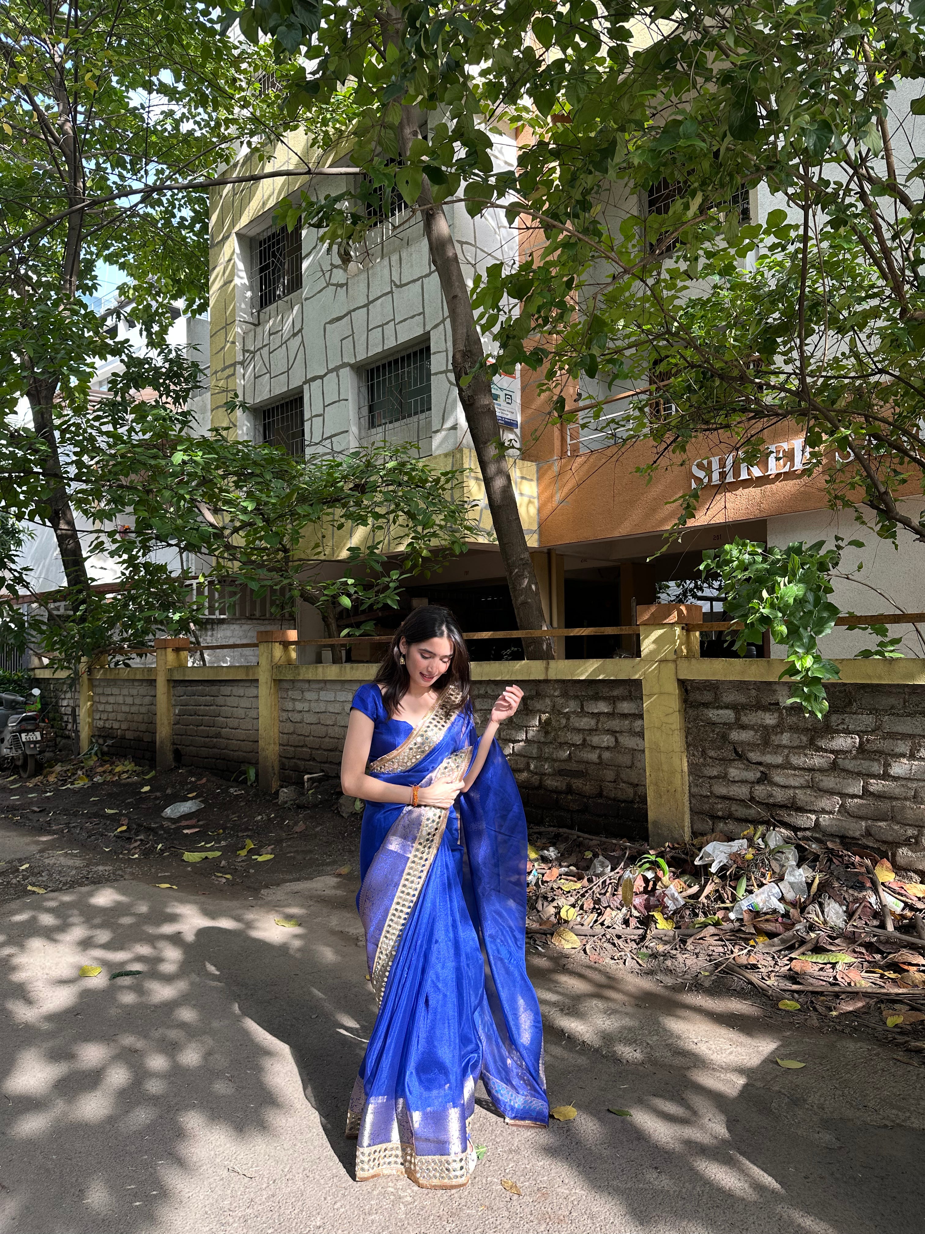 Royal Blue Banarasi Rajkumari Mirror Work Tissue Silk Saree