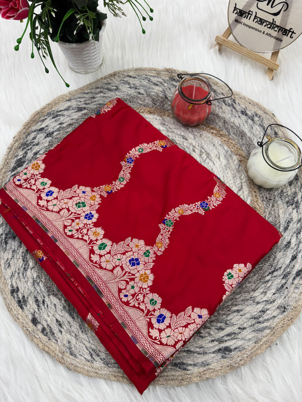 Premium Red Banarasi Alfi Pattern Ultra Soft Mashru Silk Saree