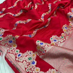 Premium Red Banarasi Alfi Pattern Ultra Soft Mashru Silk Saree