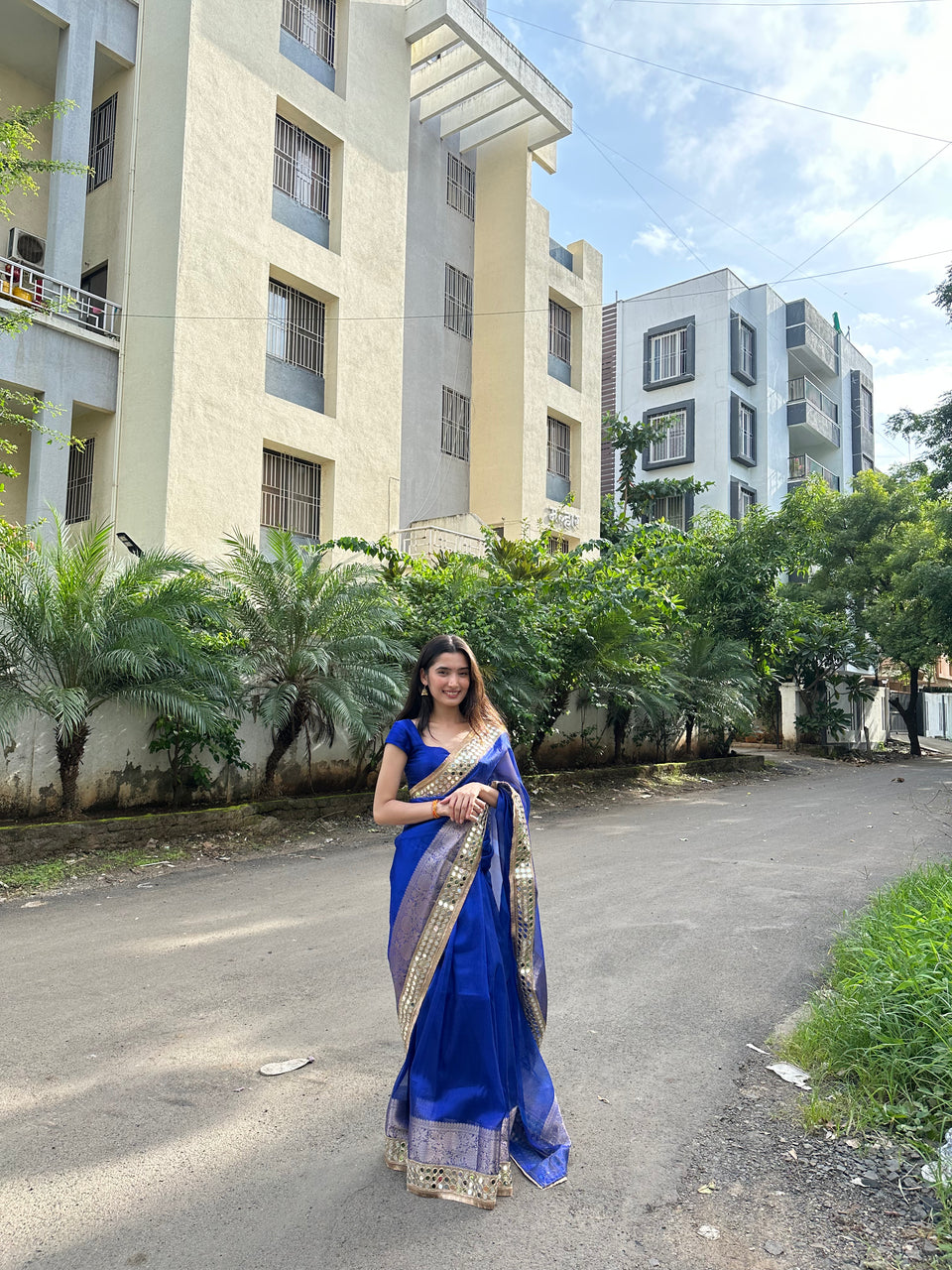 Royal Blue Banarasi Rajkumari Mirror Work Tissue Silk Saree
