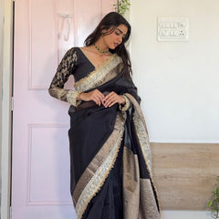 Royal Black Banarasi Riwaayat Tissue Silk Saree | Easy To Carry