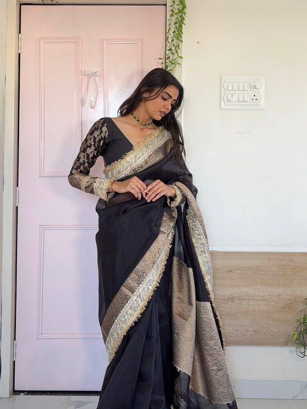 Royal Black Banarasi Riwaayat Tissue Silk Saree | Easy To Carry