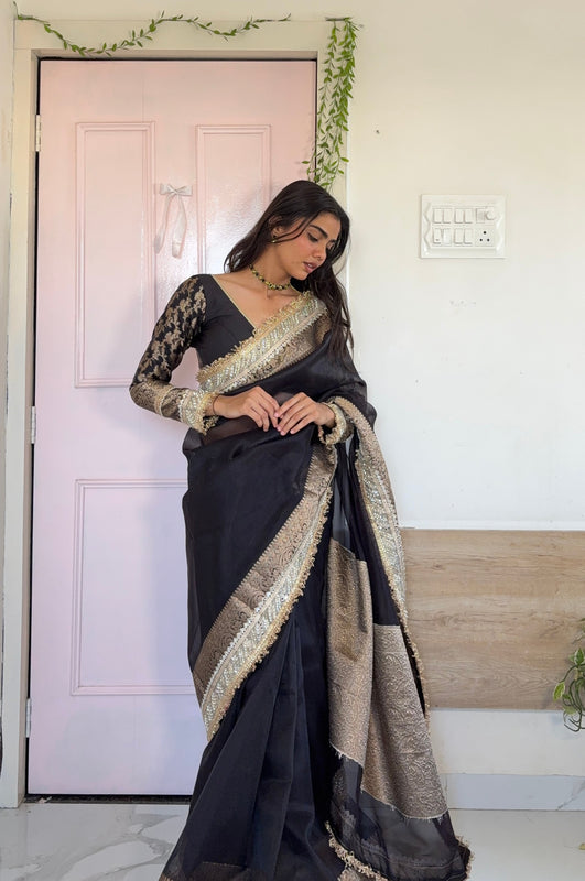 Royal Black Banarasi Riwaayat Tissue Silk Saree | Easy To Carry