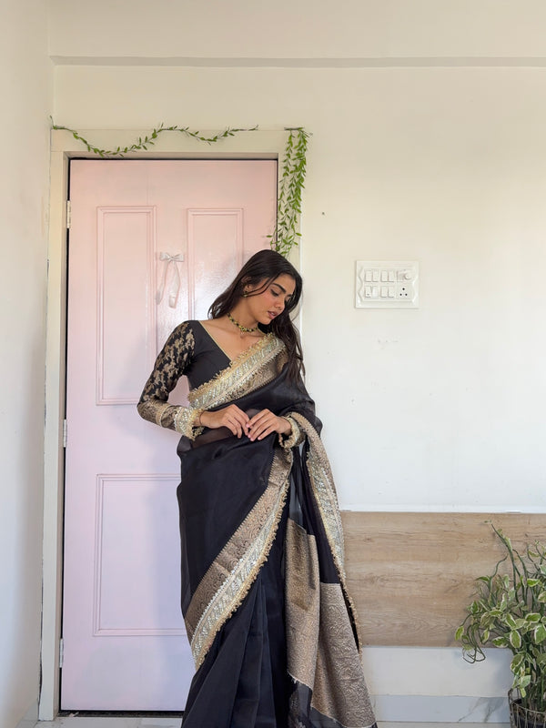 Royal Black Banarasi Riwaayat Tissue Silk Saree | Easy To Carry