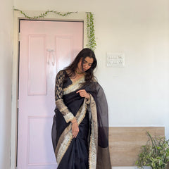 Royal Black Banarasi Riwaayat Tissue Silk Saree | Easy To Carry