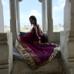 Magenta Pink Banarasi Rajwada Mirror Work Tissue Silk Saree