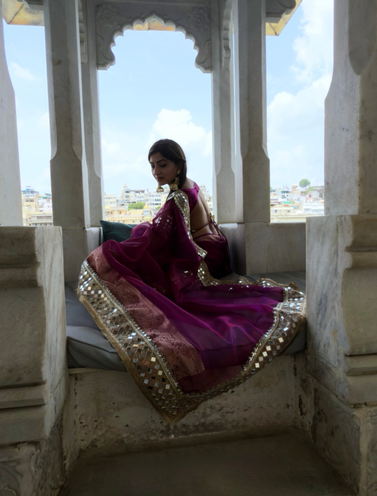 Magenta Pink Banarasi Rajwada Mirror Work Tissue Silk Saree