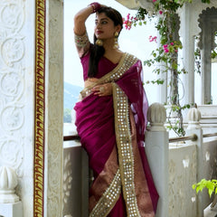 Magenta Pink Banarasi Rajwada Mirror Work Tissue Silk Saree