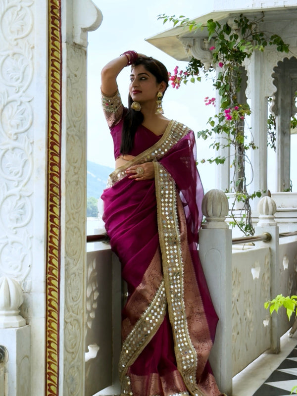 Magenta Pink Banarasi Rajwada Mirror Work Tissue Silk Saree