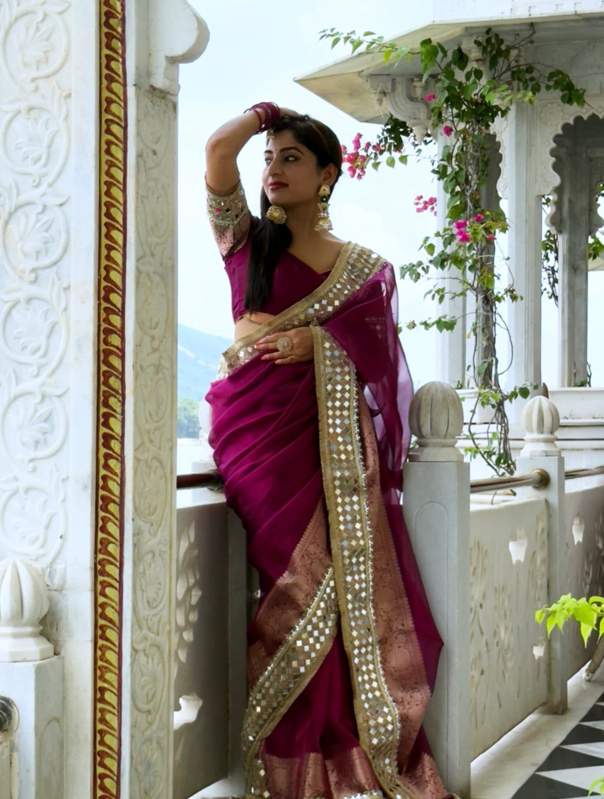 Magenta Pink Banarasi Rajwada Mirror Work Tissue Silk Saree