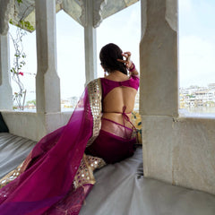 Magenta Pink Banarasi Rajwada Mirror Work Tissue Silk Saree