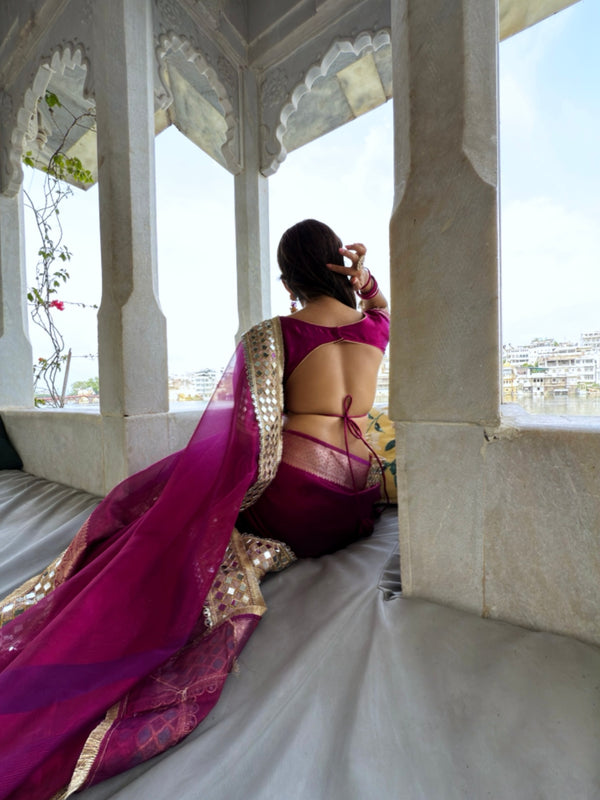 Magenta Pink Banarasi Rajwada Mirror Work Tissue Silk Saree