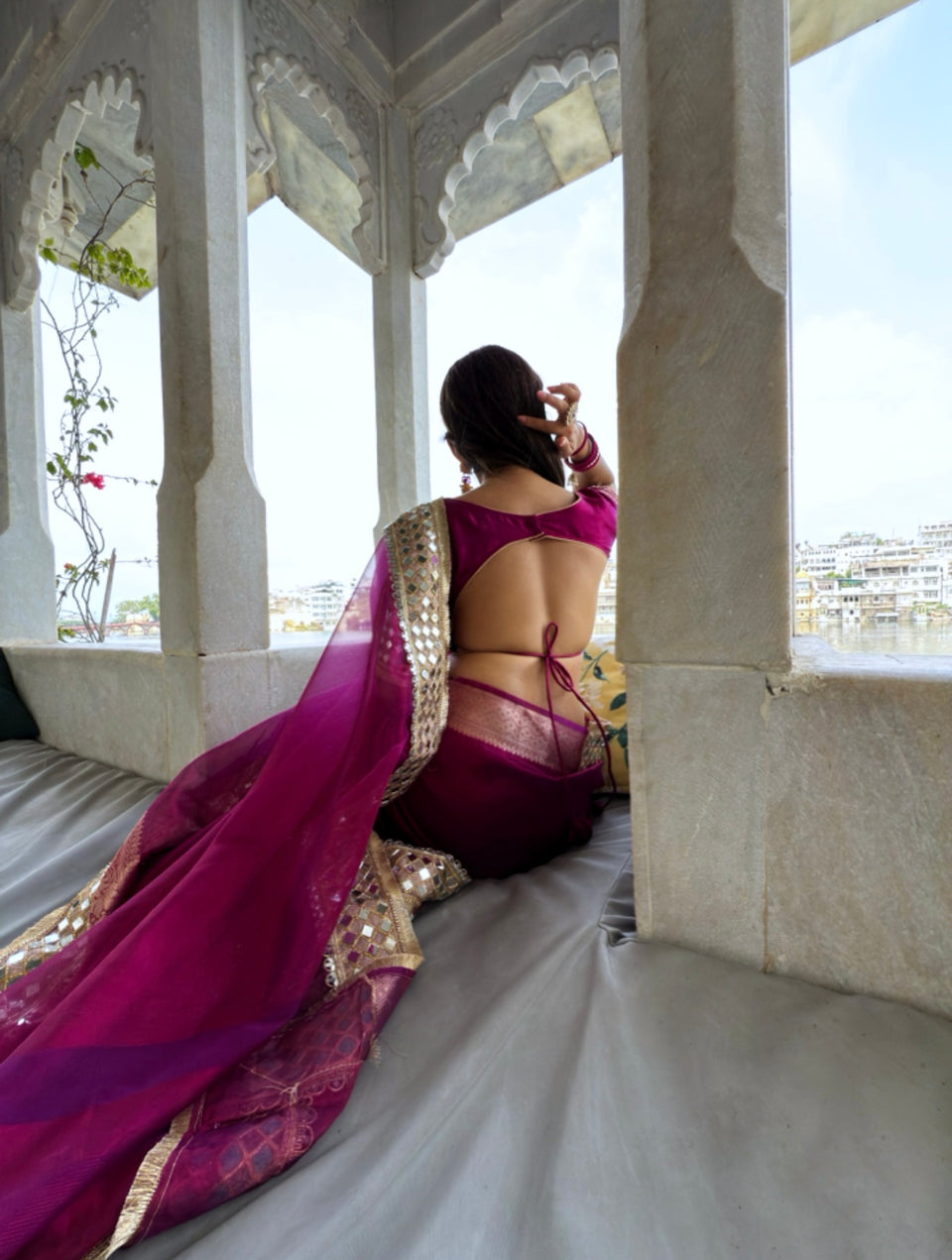 Magenta Pink Banarasi Rajwada Mirror Work Tissue Silk Saree