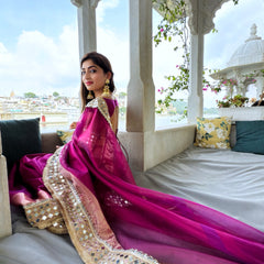 Magenta Pink Banarasi Rajwada Mirror Work Tissue Silk Saree