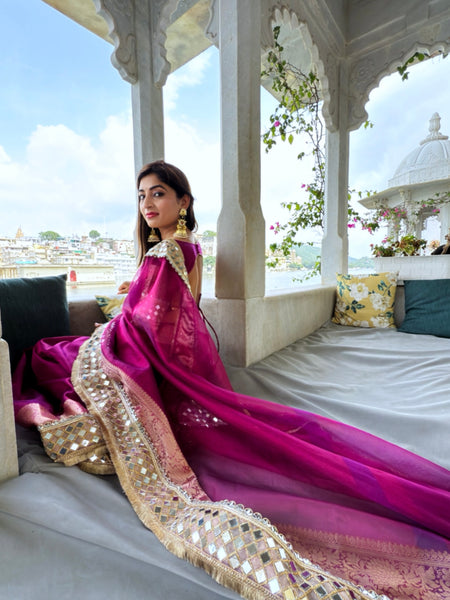 Magenta Pink Banarasi Rajwada Mirror Work Tissue Silk Saree