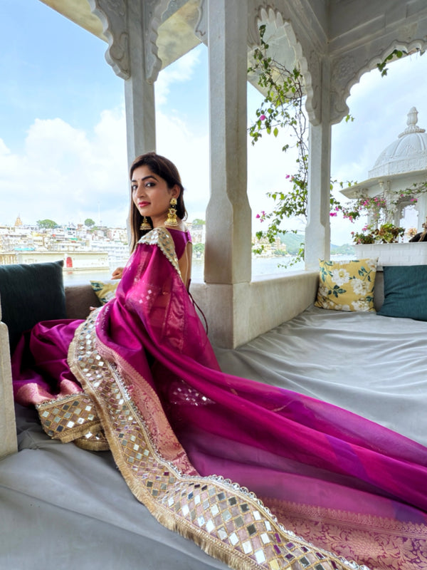 Magenta Pink Banarasi Rajwada Mirror Work Tissue Silk Saree