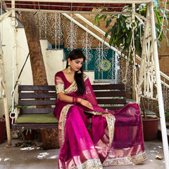 Magenta Pink Banarasi Rajwada Mirror Work Tissue Silk Saree