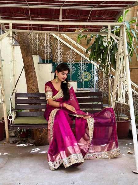 Magenta Pink Banarasi Rajwada Mirror Work Tissue Silk Saree