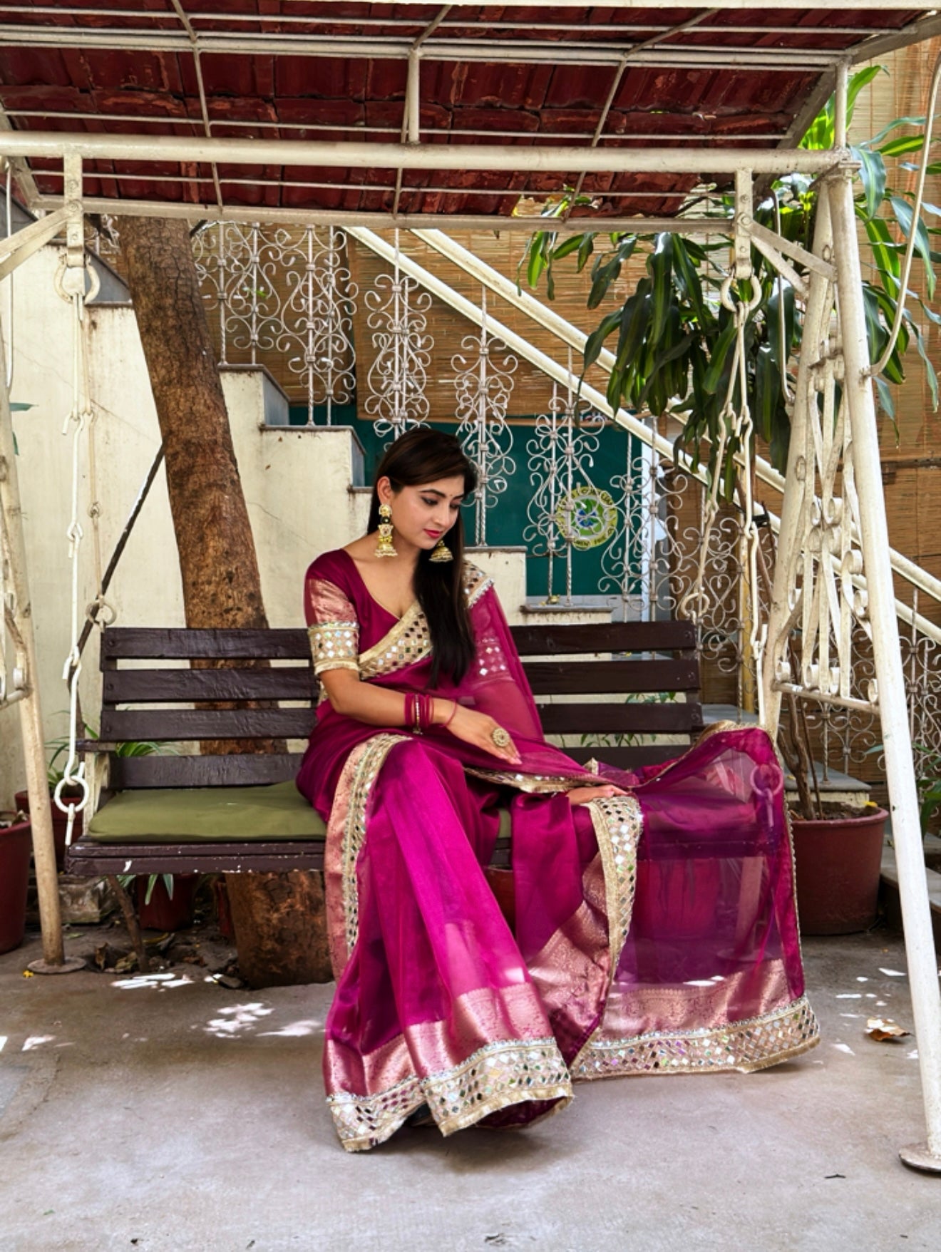 Magenta Pink Banarasi Rajwada Mirror Work Tissue Silk Saree