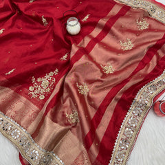 Royal Red Zardozi Handwork Banarasi Saree with Ritual Motifs and Mirrorwork