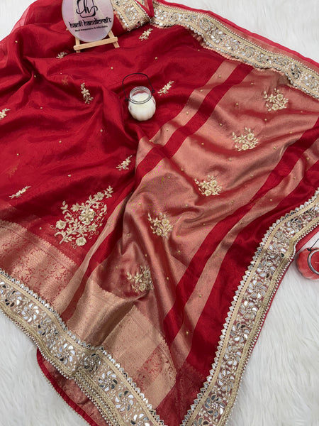 Royal Red Zardozi Handwork Banarasi Saree with Ritual Motifs and Mirrorwork
