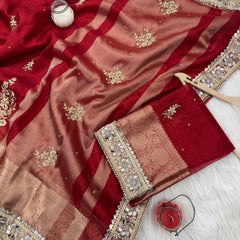 Royal Red Zardozi Handwork Banarasi Saree with Ritual Motifs and Mirrorwork