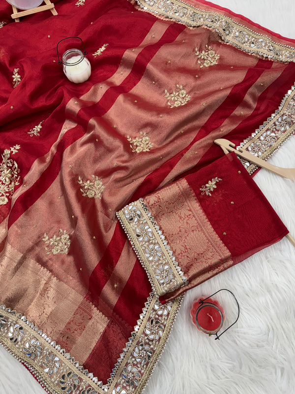 Royal Red Zardozi Handwork Banarasi Saree with Ritual Motifs and Mirrorwork