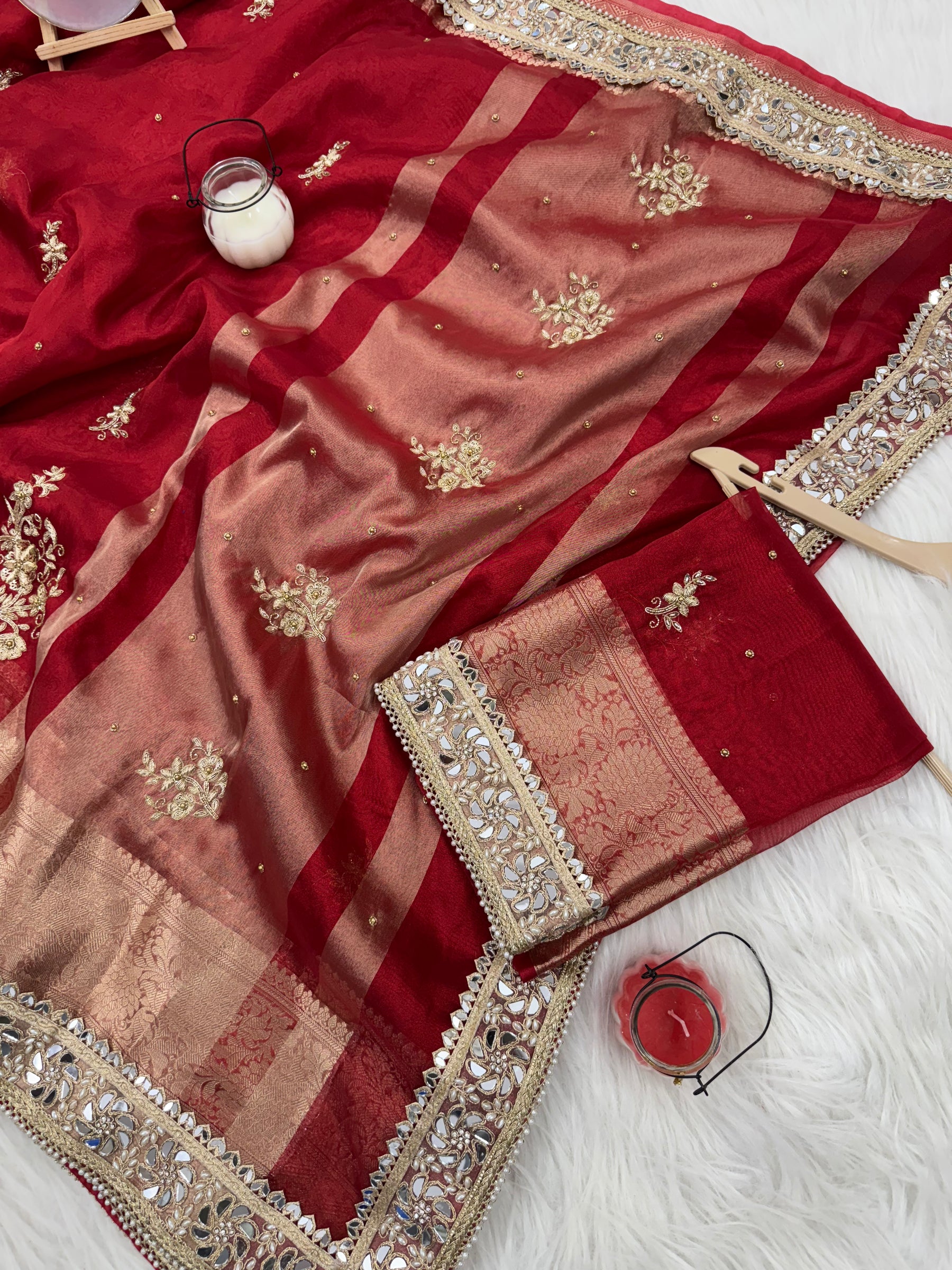 Royal Red Zardozi Handwork Banarasi Saree with Ritual Motifs and Mirrorwork