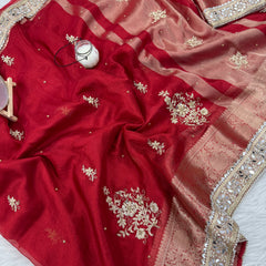 Royal Red Zardozi Handwork Banarasi Saree with Ritual Motifs and Mirrorwork