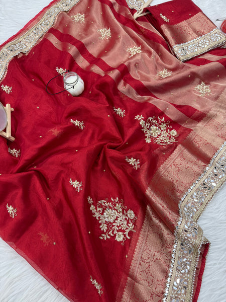 Royal Red Zardozi Handwork Banarasi Saree with Ritual Motifs and Mirrorwork