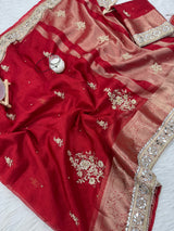 Royal Red Zardozi Handwork Banarasi Saree with Ritual Motifs and Mirrorwork