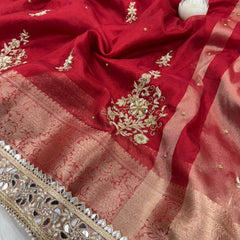 Royal Red Zardozi Handwork Banarasi Saree with Ritual Motifs and Mirrorwork