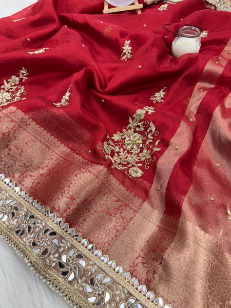 Royal Red Zardozi Handwork Banarasi Saree with Ritual Motifs and Mirrorwork