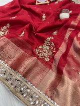Royal Red Zardozi Handwork Banarasi Saree with Ritual Motifs and Mirrorwork