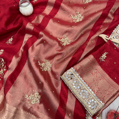Royal Red Zardozi Handwork Banarasi Saree with Ritual Motifs and Mirrorwork
