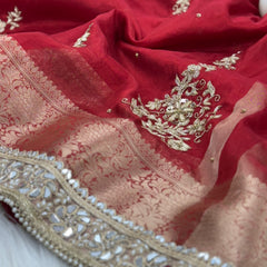 Royal Red Zardozi Handwork Banarasi Saree with Ritual Motifs and Mirrorwork