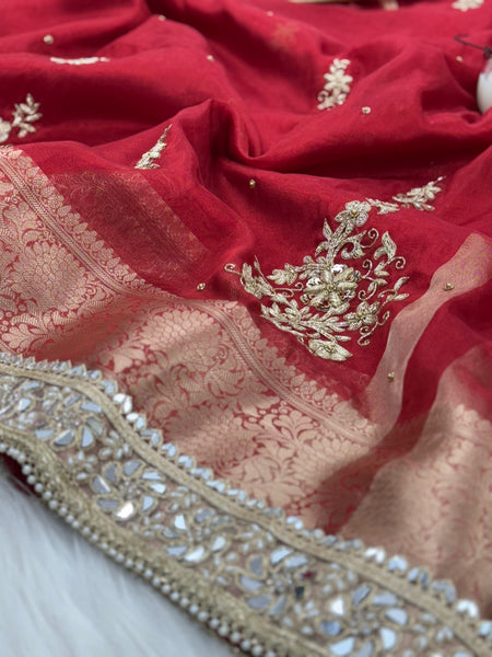 Royal Red Zardozi Handwork Banarasi Saree with Ritual Motifs and Mirrorwork