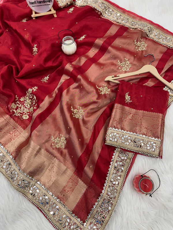 Royal Red Zardozi Handwork Banarasi Saree with Ritual Motifs and Mirrorwork