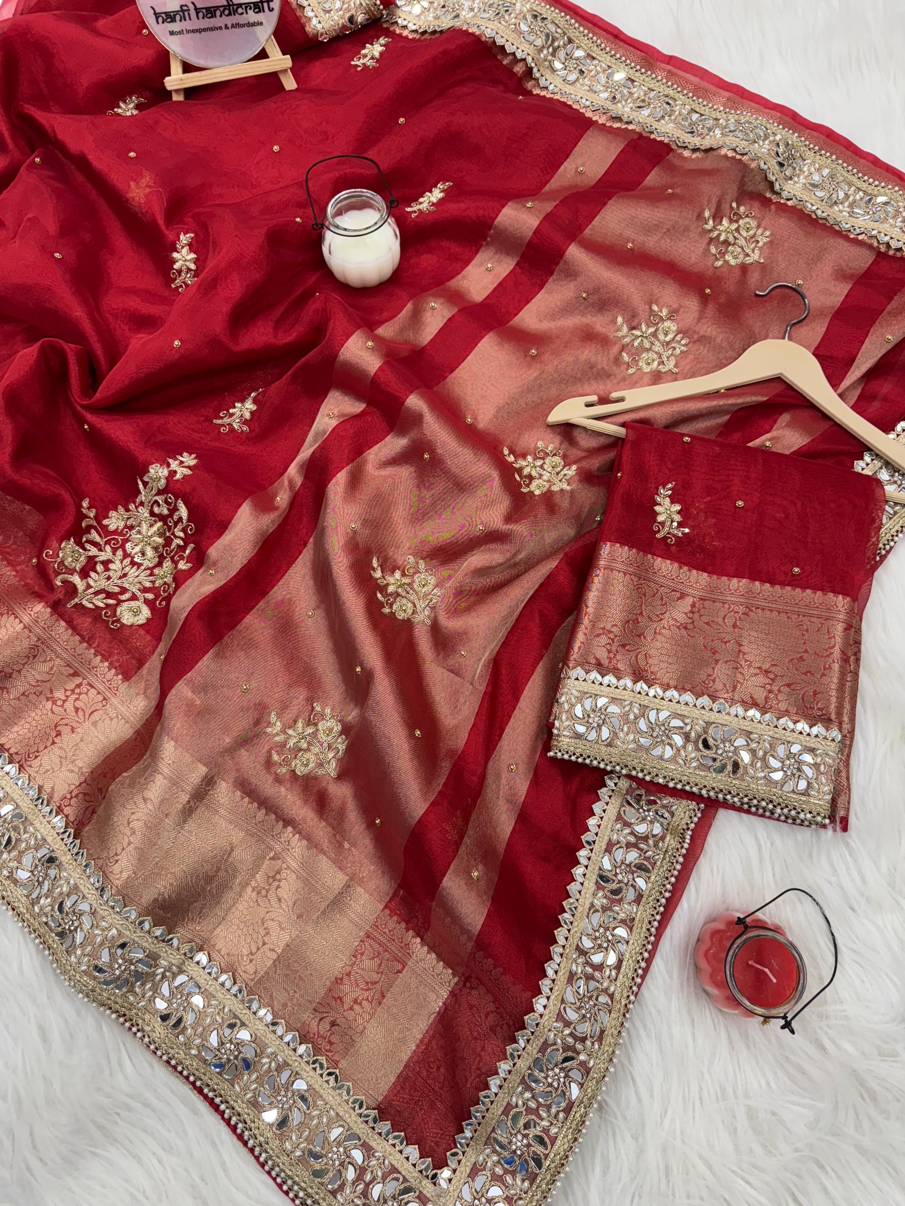 Royal Red Zardozi Handwork Banarasi Saree with Ritual Motifs and Mirrorwork