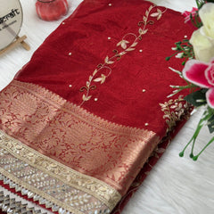 Premium Red Zardozi Handwork Banarasi Saree with Ritual Motifs and Mirrorwork
