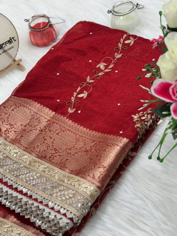 Premium Red Zardozi Handwork Banarasi Saree with Ritual Motifs and Mirrorwork