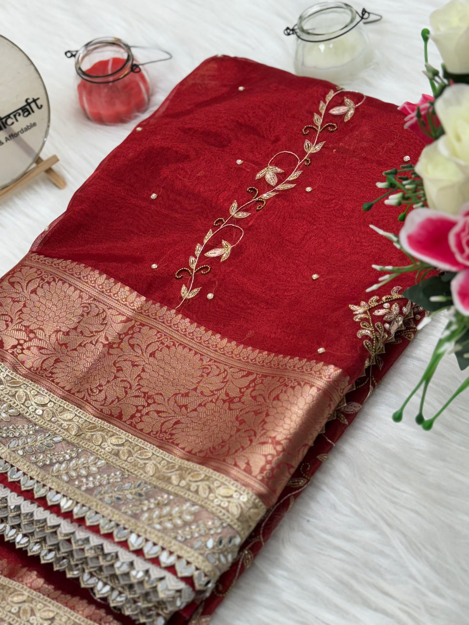 Premium Red Zardozi Handwork Banarasi Saree with Ritual Motifs and Mirrorwork