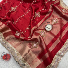 Premium Red Zardozi Handwork Banarasi Saree with Ritual Motifs and Mirrorwork