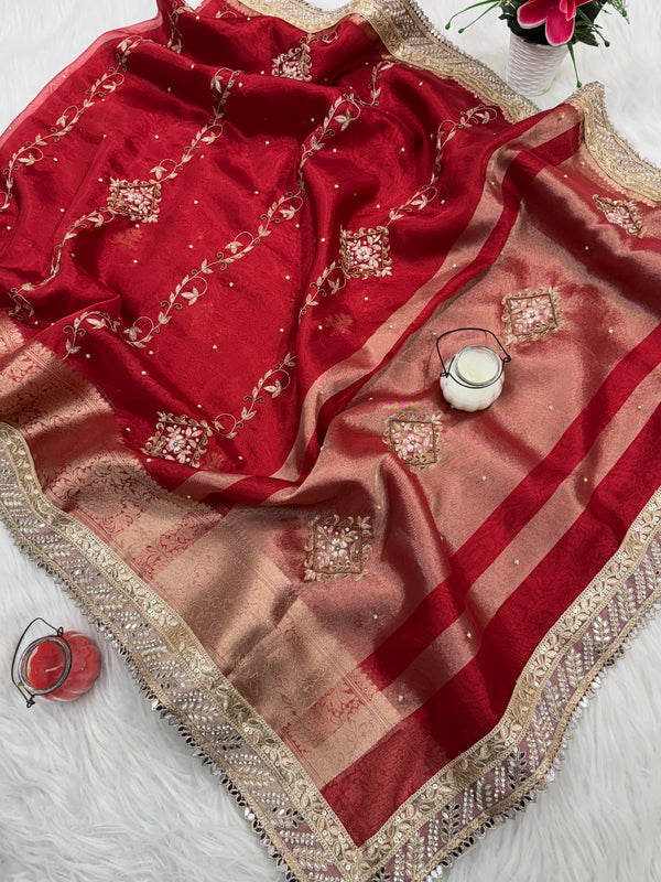 Premium Red Zardozi Handwork Banarasi Saree with Ritual Motifs and Mirrorwork