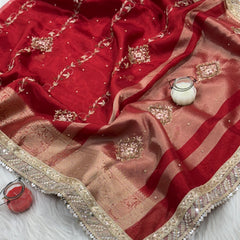 Premium Red Zardozi Handwork Banarasi Saree with Ritual Motifs and Mirrorwork