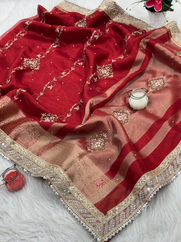 Premium Red Zardozi Handwork Banarasi Saree with Ritual Motifs and Mirrorwork