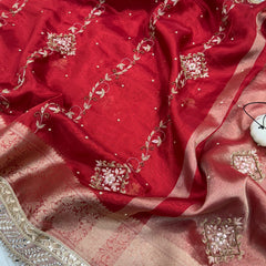 Premium Red Zardozi Handwork Banarasi Saree with Ritual Motifs and Mirrorwork